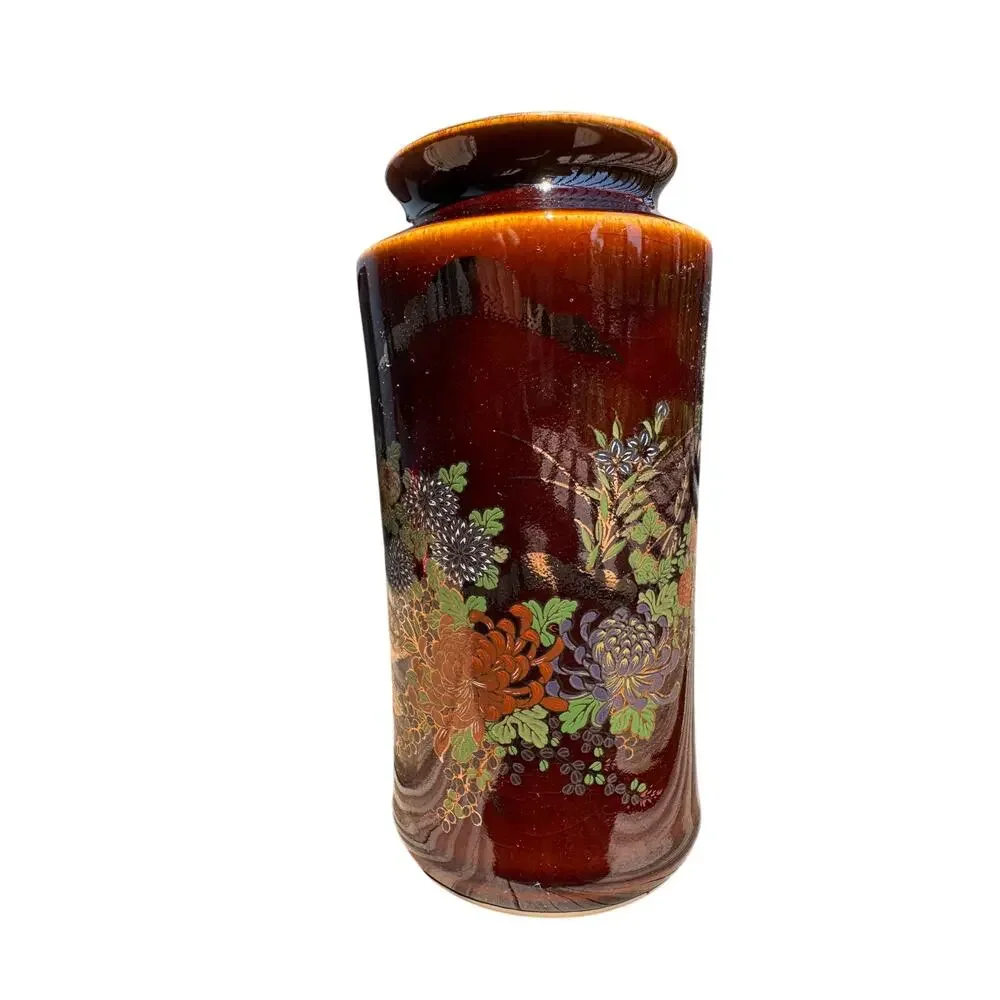 Vintage Japanese Brown Floral Chrysanthemum Ceramic Vase Hand Painted